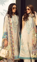 Sequined embroidered Shirt front on dobby lawn 1.25 yards Sequined embroidered Shirt back on dobby lawn 1.25 yards Sequined embroidered Shirt sleeve on dobby lawn 0.70 yards Embroidered shirt front border 30 inch Embroidered shirt sleeve lace 40 inch Digital printed chiffon dupatta 2.70 yards Dyed cotton trouser 2.70 yards