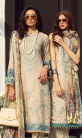 Sequined embroidered Shirt front on dobby lawn 1.25 yards Sequined embroidered Shirt back on dobby lawn 1.25 yards Sequined embroidered Shirt sleeve on dobby lawn 0.70 yards Embroidered shirt front border 30 inch Embroidered shirt sleeve lace 40 inch Digital printed chiffon dupatta 2.70 yards Dyed cotton trouser 2.70 yards
