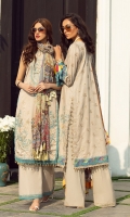 Sequined embroidered Shirt front on dobby lawn 1.25 yards Sequined embroidered Shirt back on dobby lawn 1.25 yards Sequined embroidered Shirt sleeve on dobby lawn 0.70 yards Embroidered shirt front border 30 inch Embroidered shirt sleeve lace 40 inch Digital printed chiffon dupatta 2.70 yards Dyed cotton trouser 2.70 yards