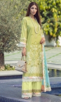 Rotery print embroidered Shirt front on lawn 1.25 yards Rotery print embroidered Shirt back on lawn 1.25 yards Rotery print embroidered Shirt sleeve on lawn 0.70 yards Embroidered shirt front border 30 inch Embroidered shirt sleeve lace 40 inch Embroidered chiffon dupatta 2.5 yards Embroidered chiffon dupatta pallu add with dupatta 84 inch Dyed cotton trouser 2.70 yards