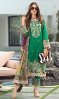 Rotery print embroidered Shirt front on lawn 1.25 yards Rotery print embroidered Shirt back on lawn 1.25 yards Rotery print embroidered Shirt sleeve on lawn 0.70 yards Embroidered sleeve lace on tissue 40 inch Digital printed chiffon dupatta 2.70 yards Dyed cotton trouser 2.70 yards