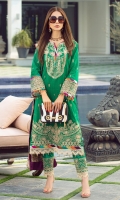 Rotery print embroidered Shirt front on lawn 1.25 yards Rotery print embroidered Shirt back on lawn 1.25 yards Rotery print embroidered Shirt sleeve on lawn 0.70 yards Embroidered sleeve lace on tissue 40 inch Digital printed chiffon dupatta 2.70 yards Dyed cotton trouser 2.70 yards