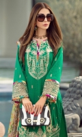 Rotery print embroidered Shirt front on lawn 1.25 yards Rotery print embroidered Shirt back on lawn 1.25 yards Rotery print embroidered Shirt sleeve on lawn 0.70 yards Embroidered sleeve lace on tissue 40 inch Digital printed chiffon dupatta 2.70 yards Dyed cotton trouser 2.70 yards