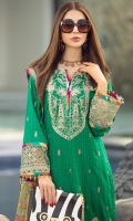 Rotery print embroidered Shirt front on lawn 1.25 yards Rotery print embroidered Shirt back on lawn 1.25 yards Rotery print embroidered Shirt sleeve on lawn 0.70 yards Embroidered sleeve lace on tissue 40 inch Digital printed chiffon dupatta 2.70 yards Dyed cotton trouser 2.70 yards