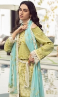 Rotery print embroidered Shirt front on lawn 1.25 yards Rotery print embroidered Shirt back on lawn 1.25 yards Rotery print embroidered Shirt sleeve on lawn 0.70 yards Embroidered shirt front border 30 inch Embroidered shirt sleeve lace 40 inch Embroidered chiffon dupatta 2.5 yards Embroidered chiffon dupatta pallu add with dupatta 84 inch Dyed cotton trouser 2.70 yards