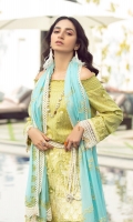 Rotery print embroidered Shirt front on lawn 1.25 yards Rotery print embroidered Shirt back on lawn 1.25 yards Rotery print embroidered Shirt sleeve on lawn 0.70 yards Embroidered shirt front border 30 inch Embroidered shirt sleeve lace 40 inch Embroidered chiffon dupatta 2.5 yards Embroidered chiffon dupatta pallu add with dupatta 84 inch Dyed cotton trouser 2.70 yards