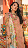 Fully sequined Embroidered shirt on net 3 yard Embroidered Sleeve motif on net with hand work 1 pair Embroidered finish patti for shirt on two tone tissue 10 yard Embroidered dupatta on two tone tissue 2.75 yard Embroidered Dupatta pallu on two tone tissue with hand work 84 inch Embroidered four side border for dupatta on two tone tissue 10 yard Dyed Shirt linning on PK raw silk 3 yard Dyed jamawar trouser 2.75 yard