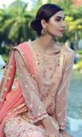 Embroidered Chiffon Shirt with Hand Embellished Gota Work - 3.25 Yards Embroidered Dupatta with Hand Embellished Gota Work - 2.73 Yards Dyed Inner Lining - 2 Yards Dyed Grip Trouser - 2.65 Yards Embroidered Border Lace on Tissue: 30” (Front & Back) - 02 Pieces