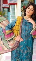 Digital print embroidered Shirt front on lawn 1.25 yards Digital print Shirt back and Sleeve on lawn 2 yards Digital printed chiffon dupatta 2.70 yards Dyed cotton trouser 2.70 yards