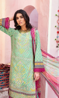 Digital print embroidered Shirt front on lawn 1.25 yards Digital print Shirt back and Sleeve on lawn 2 yards Digital printed chiffon dupatta 2.70 yards Dyed cotton trouser 2.70 yards