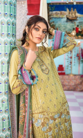 Digital print sequined embroidered shirt front on lawn 1.25 yards Digital printed Shirt back and sleeve on lawn 2 yards Digital printed chiffon dupatta 2.70 yardss Dyed cotton trouser 2.70 yards