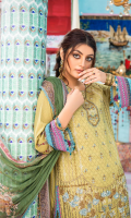 Digital print sequined embroidered shirt front on lawn 1.25 yards Digital printed Shirt back and sleeve on lawn 2 yards Digital printed chiffon dupatta 2.70 yardss Dyed cotton trouser 2.70 yards