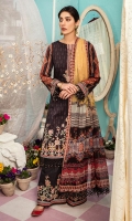 Digital print embroidered Shirt front on lawn 1.25 yards Digital print Shirt back and Sleeve on lawn 2 yards Embroidered sleeve lace on organza 40 inch Digital printed chiffon dupatta 2.70 yards Embroidered trouser border 60 inch Dyed cotton trouser 2.70 yards