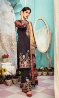 Digital print embroidered Shirt front on lawn 1.25 yards Digital print Shirt back and Sleeve on lawn 2 yards Embroidered sleeve lace on organza 40 inch Digital printed chiffon dupatta 2.70 yards Embroidered trouser border 60 inch Dyed cotton trouser 2.70 yards