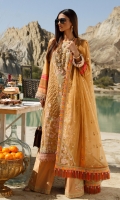 Digital print embroidered shirt front on lawn 1.25 yards Digital print shirt back and sleeve on lawn 2 yards Embroided shirt back lace on organza 30 inchs Embroided Duptta on organza 2.90 yards Embroidered dupatta pallu on organza add with dupatta 90 inch Embroidered dupatta motif on organza 2 pair Embroidered trouser lace on organza 60 inch Embroidered trouser motif on organza 1 pair Dyed cotton trouser 2.70 yards
