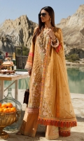 Digital print embroidered shirt front on lawn 1.25 yards Digital print shirt back and sleeve on lawn 2 yards Embroided shirt back lace on organza 30 inchs Embroided Duptta on organza 2.90 yards Embroidered dupatta pallu on organza add with dupatta 90 inch Embroidered dupatta motif on organza 2 pair Embroidered trouser lace on organza 60 inch Embroidered trouser motif on organza 1 pair Dyed cotton trouser 2.70 yards