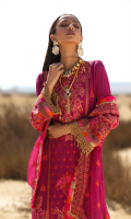 Embroidered shirt front on dobby lawn 1.25 yards Embroidedre shirt back on dobby lawn 1.25 yards Embroidered shirt sleeve on dobby lawn 0.70 yards Embroidered shirt back border on dobby lawn add with back 40 inch Embroidered pure chiffon dupatta 2.90 yards Embroidered dupata pallu on pure chiffon add with dupatta 90 inch Dyed cotton trouser 2.70 yards