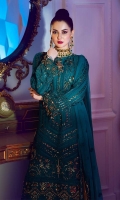 A mesmerizingly hand-crafted embroidered chiffon front 1.10 yards, A mesmerizingly hand-crafted embroidered chiffon back 1.10 yards, An elegant chiffon hemline 1-Piece, An alluring & chic chiffon front border 30”, 1-Piece, An alluring & chic chiffon back border 30”, 1-Piece, Graceful chiffon sleeves 0.70 yards, Classy chiffon patches for sleeves 1 Pair, Trendy chiffon patches for trousers 1Pair, An enchantingly embroidered chiffon dupatta 3 yards, A chic fully embroidered and hand crafted chiffon motif for dupatta 2 Pairs, An elegant embroidered chiffon border for dupatta 84”, 1-Piece, A classic plain dyed trouser 2.65 yards, Essential plain grip lining for shirt 2.50 yards,