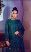A mesmerizingly hand-crafted embroidered chiffon front 1.10 yards, A mesmerizingly hand-crafted embroidered chiffon back 1.10 yards, An elegant chiffon hemline 1-Piece, An alluring & chic chiffon front border 30”, 1-Piece, An alluring & chic chiffon back border 30”, 1-Piece, Graceful chiffon sleeves 0.70 yards, Classy chiffon patches for sleeves 1 Pair, Trendy chiffon patches for trousers 1Pair, An enchantingly embroidered chiffon dupatta 3 yards, A chic fully embroidered and hand crafted chiffon motif for dupatta 2 Pairs, An elegant embroidered chiffon border for dupatta 84”, 1-Piece, A classic plain dyed trouser 2.65 yards, Essential plain grip lining for shirt 2.50 yards,