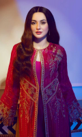 Intricately hand-crafted embroidered chiffon front 1.10 yards, Richly embroidered & adorned chiffon shirt back 1.20 Yards, Intricately hand-crafted embroidered chiffon sleeves 0.7 yards, Intricately hand-crafted embroidered chiffon front border 30’’ 01 Piece Intricately hand-crafted embroidered shirt finish Patti 120’’, 03 Pieces An elegantly embroidered tissue dupatta body 3.00 yards, An elegantly embroidered tissue border for dupatta 84’’ 01 Piece A classic plain dyed trouser 2.65 Yards Essential plain grip lining for shirt 2.50 yards,