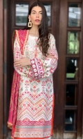 • Digital print embroidered cotelle linen shirt front 1.25 yards • Digital printed cotelle linen shirt back and sleeves 1.90 yards • Jacquard khaddi linen shawl 2.70 yards • Embroidered four side border for shawl 284” • Dyed plain trouser 2.65 yards