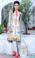 Three Piece, Shirt Fabric: Digital Printed Embroidered Lawn, Includes: Front, Back, Sleeves, Digital Printed Lawn Dupatta, Dyed Cotton Trouser