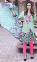 Three Piece, Shirt Fabric: Digital Printed Embroidered Lawn, Includes: Front, Back, Sleeves, Digital Printed Lawn Dupatta, Dyed Cotton Trouser