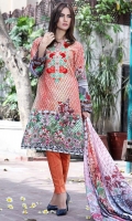 Three Piece, Shirt Fabric: Digital Printed Embroidered Lawn, Includes: Front, Back, Sleeves, Digital Printed Lawn Dupatta, Dyed Cotton Trouser