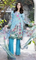 Three Piece, Shirt Fabric: Digital Printed Embroidered Lawn, Includes: Front, Back, Sleeves, Digital Printed Lawn Dupatta, Dyed Cotton Trouser