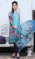 Three Piece, Shirt Fabric: Digital Printed Embroidered Lawn, Includes: Front, Back, Sleeves, Digital Printed Lawn Dupatta, Dyed Cotton Trouser