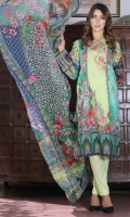 Three Piece, Shirt Fabric: Digital Printed Embroidered Lawn, Includes: Front, Back, Sleeves, Digital Printed Lawn Dupatta, Dyed Cotton Trouser
