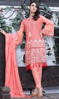 Three Piece, Shirt Fabric: Digital Printed Embroidered Lawn, Includes: Front, Back, Sleeves, Digital Printed Lawn Dupatta, Dyed Cotton Trouser