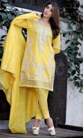 Three Piece, Shirt Fabric: Digital Printed Embroidered Lawn, Includes: Front, Back, Sleeves, Digital Printed Lawn Dupatta, Dyed Cotton Trouser