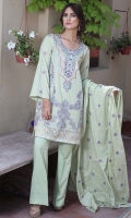 Three Piece, Shirt Fabric: Digital Printed Embroidered Lawn, Includes: Front, Back, Sleeves, Digital Printed Lawn Dupatta, Dyed Cotton Trouser