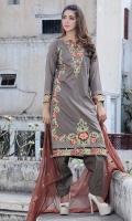 Three Piece, Shirt Fabric: Digital Printed Embroidered Lawn, Includes: Front, Back, Sleeves, Digital Printed Lawn Dupatta, Dyed Cotton Trouser