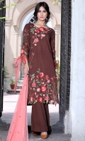 Three Piece, Shirt Fabric: Digital Printed Embroidered Lawn, Includes: Front, Back, Sleeves, Digital Printed Lawn Dupatta, Dyed Cotton Trouser