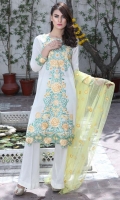 Three Piece, Shirt Fabric: Digital Printed Embroidered Lawn, Includes: Front, Back, Sleeves, Digital Printed Lawn Dupatta, Dyed Cotton Trouser