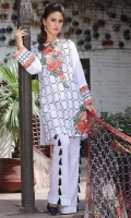 Three Piece, Shirt Fabric: Digital Printed Embroidered Lawn, Includes: Front, Back, Sleeves, Digital Printed Lawn Dupatta, Dyed Cotton Trouser
