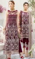 Embroidered Chiffon front with sequins– 30 inch Embroidered Chiffon back – 30 inch Embroidered Chiffon sleeves – 1.25 Meter Embroidered tissue sleeves lace – 1.25 Meter Embroidered tissue ghera lace – 1.5 Meter Embroidered Chiffon dupatta – 2.50 Meter Raw silk trouser – 2.5 Meter Embroidered tissue trouser patch
