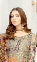 Embroidered Chiffon front with sequins– 30 inch Embroidered Chiffon back – 30 inch Embroidered Chiffon sleeves – 1.25 Meter Embroidered tissue sleeves lace – 1.25 Meter Embroidered tissue ghera lace – 1.5 Meter Embroidered Chiffon dupatta – 2.50 Meter Raw silk trouser – 2.5 Meter Embroidered tissue trouser patch