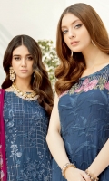 Embroidered Chiffon front with sequins– 30 inch Embroidered Chiffon back – 30 inch Embroidered Chiffon sleeves – 1.25 Meter Embroidered tissue sleeves lace – 1.25 Meter Embroidered tissue ghera lace – 1.5 Meter Embroidered Chiffon dupatta – 2.50 Meter Raw silk trouser – 2.5 Meter Embroidered tissue trouser patch