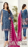 Embroidered Chiffon front with sequins– 30 inch Embroidered Chiffon back – 30 inch Embroidered Chiffon sleeves – 1.25 Meter Embroidered tissue sleeves lace – 1.25 Meter Embroidered tissue ghera lace – 1.5 Meter Embroidered Chiffon dupatta – 2.50 Meter Raw silk trouser – 2.5 Meter Embroidered tissue trouser patch