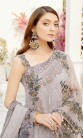Embroidered Chiffon front with sequins– 30 inch Embroidered Chiffon back – 30 inch Embroidered Chiffon sleeves – 1.25 Meter Embroidered tissue sleeves lace – 1.25 Meter Embroidered tissue ghera lace – 1.5 Meter Digital Printed silk dupatta – 2.50 Meter Raw silk trouser – 2.5 Meter Embroidered tissue trouser patch