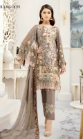 Embroidered Chiffon front with sequins– 30 inch Embroidered Chiffon back – 30 inch Embroidered Chiffon sleeves – 1.25 Meter Embroidered tissue sleeves lace – 1.25 Meter Embroidered tissue ghera lace – 1.5 Meter Embroidered Chiffon dupatta – 2.50 Meter Raw Silk trouser – 2.5 Meter Embroidered tissue trouser patch