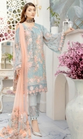 Embroidered Chiffon front with sequins– 30 inch Embroidered Chiffon back – 30 inch Embroidered Chiffon sleeves – 1.25 Meter Embroidered tissue sleeves lace – 1.25 Meter Embroidered tissue ghera lace – 1.5 Meter Embroidered Net dupatta – 2.50 Meter Raw Silk trouser – 2.5 Meter Embroidered tissue trouser patch