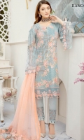 Embroidered Chiffon front with sequins– 30 inch Embroidered Chiffon back – 30 inch Embroidered Chiffon sleeves – 1.25 Meter Embroidered tissue sleeves lace – 1.25 Meter Embroidered tissue ghera lace – 1.5 Meter Embroidered Net dupatta – 2.50 Meter Raw Silk trouser – 2.5 Meter Embroidered tissue trouser patch