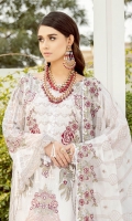 Embroidered Chiffon front with sequins– 30 inch Embroidered Chiffon back – 30 inch Embroidered Chiffon sleeves – 1.25 Meter Embroidered tissue sleeves lace pasting with patches –1.25 Embroidered tissue ghera lace – 1.5 Meter Embroidered Chiffon dupatta – 2.50 Meter Raw Silk trouser – 2.5 Meter Embroidered tissue trouser patch