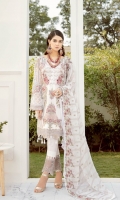 Embroidered Chiffon front with sequins– 30 inch Embroidered Chiffon back – 30 inch Embroidered Chiffon sleeves – 1.25 Meter Embroidered tissue sleeves lace pasting with patches –1.25 Embroidered tissue ghera lace – 1.5 Meter Embroidered Chiffon dupatta – 2.50 Meter Raw Silk trouser – 2.5 Meter Embroidered tissue trouser patch