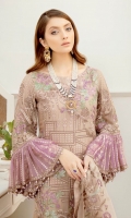 Embroidered Chiffon front with sequins – 30 inch Embroidered Chiffon back – 30 inch Embroidered Chiffon sleeves – 1.25 Meter Embroidered tissue sleeves lace –2.50 Meter Embroidered tissue ghera lace – 1.5 Meter Embroidered Chiffon dupatta – 2.50 Meter Raw Silk trouser – 2.5 Meter Embroidered tissue trouser patch