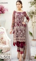 Embroidered Chiffon front with sequins– 30 inch Embroidered Chiffon back – 30 inch Embroidered Chiffon sleeves – 1.25 Meter Embroidered tissue sleeves lace – 1.25 Meter Embroidered tissue ghera lace – 1.5 Meter Embroidered Chiffon dupatta – 2.50 Meter Raw silk trouser – 2.5 Meter Embroidered tissue trouser patch